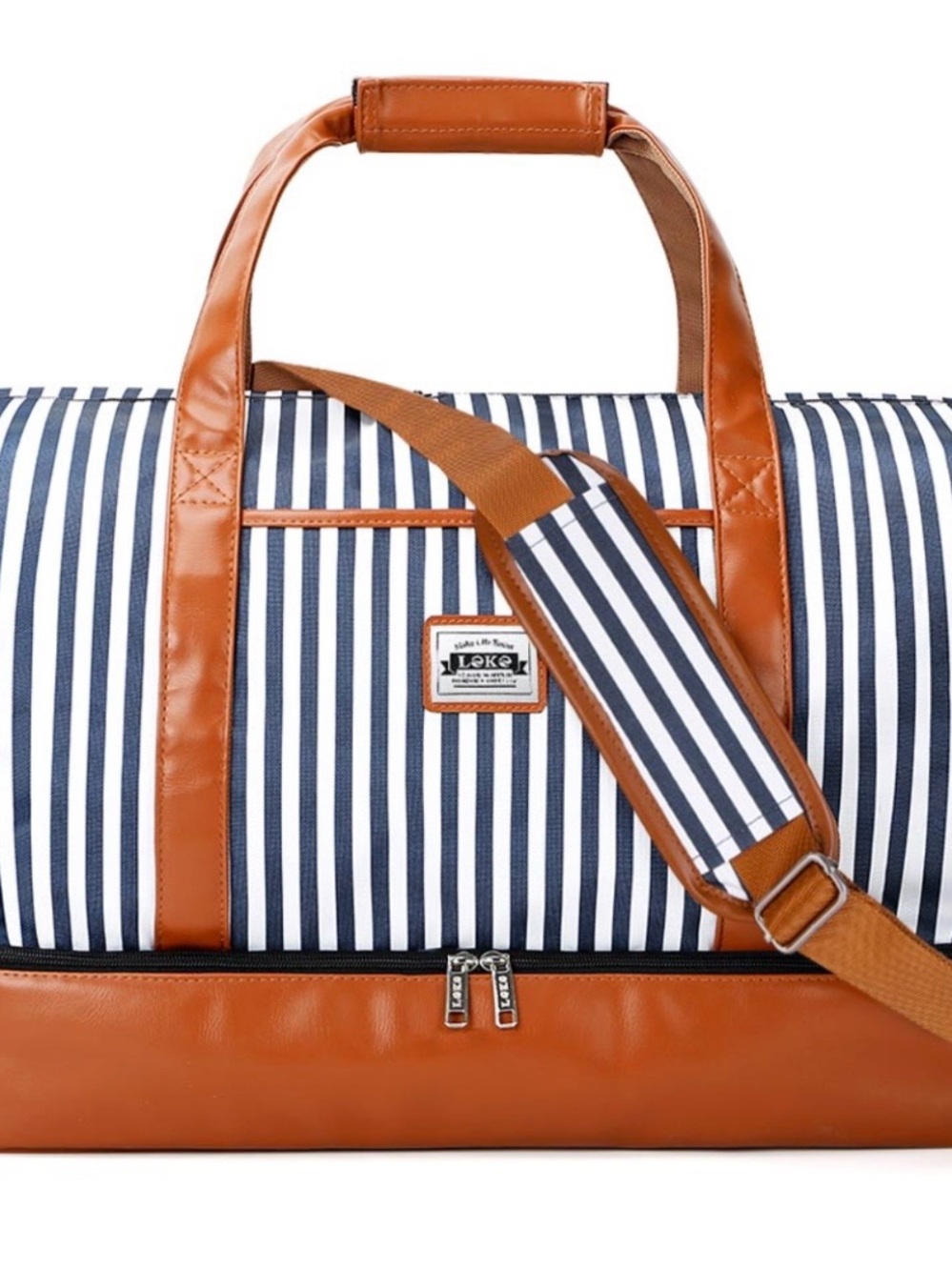 Navy Stripe and Brown Leatherette Weekender Bag
